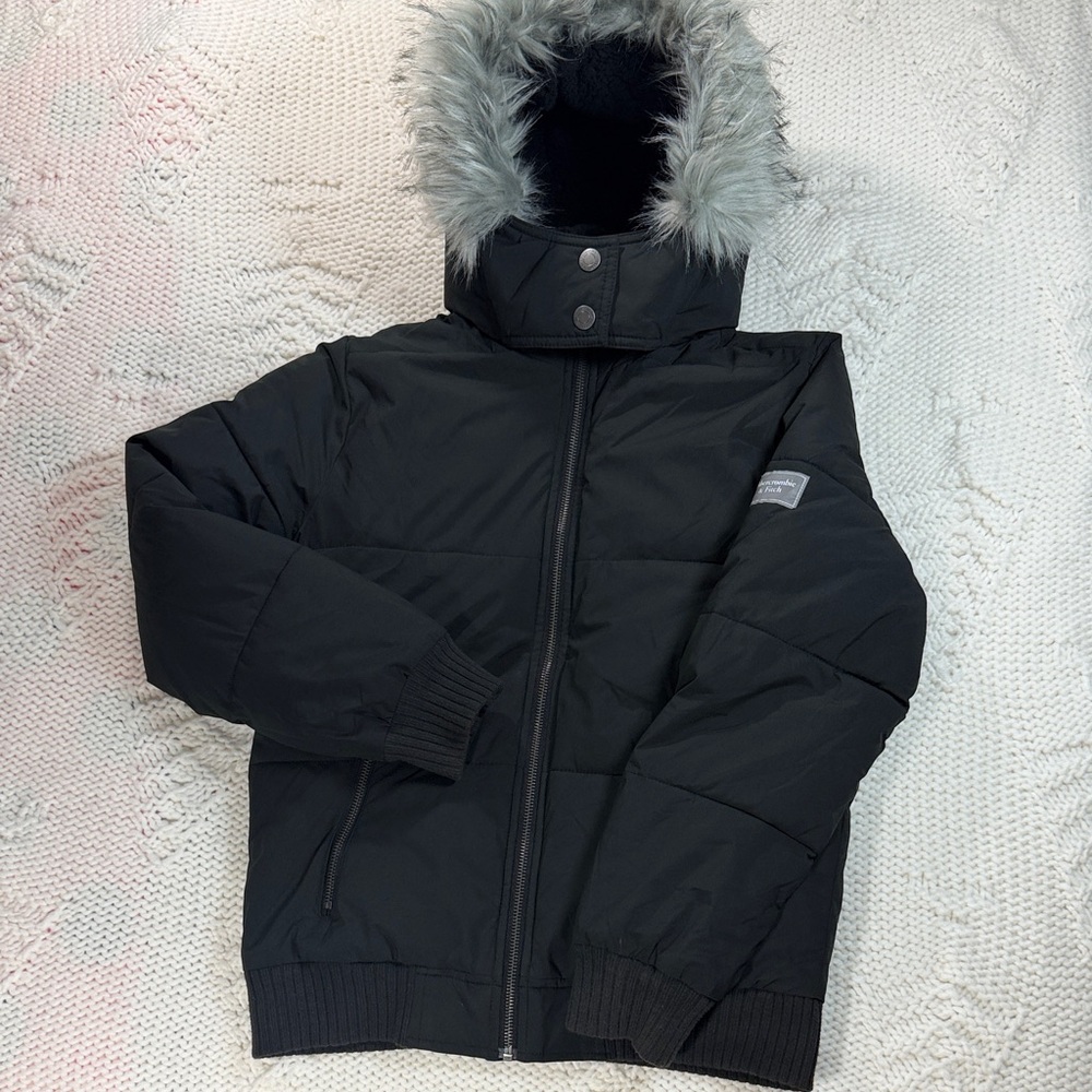 Abercrombie Kids Black Puffer Jacket with Removable Faux Fur Hood 13/14 - Picture 7 of 11